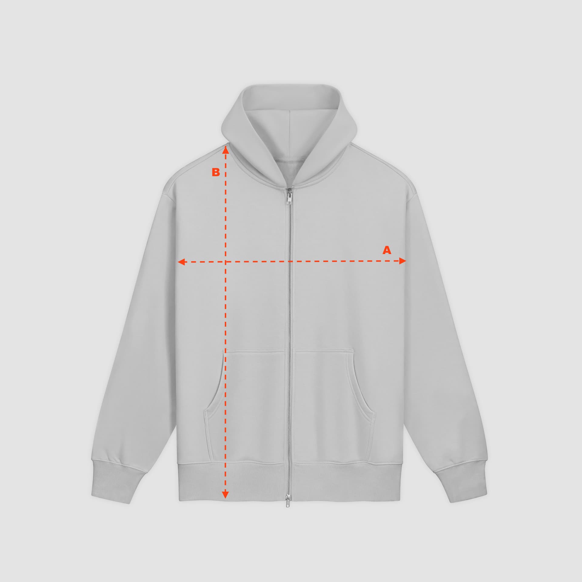 Measuring diagram for the Full Colour Zip Hoodie, marking where to measure length, width and sleeve