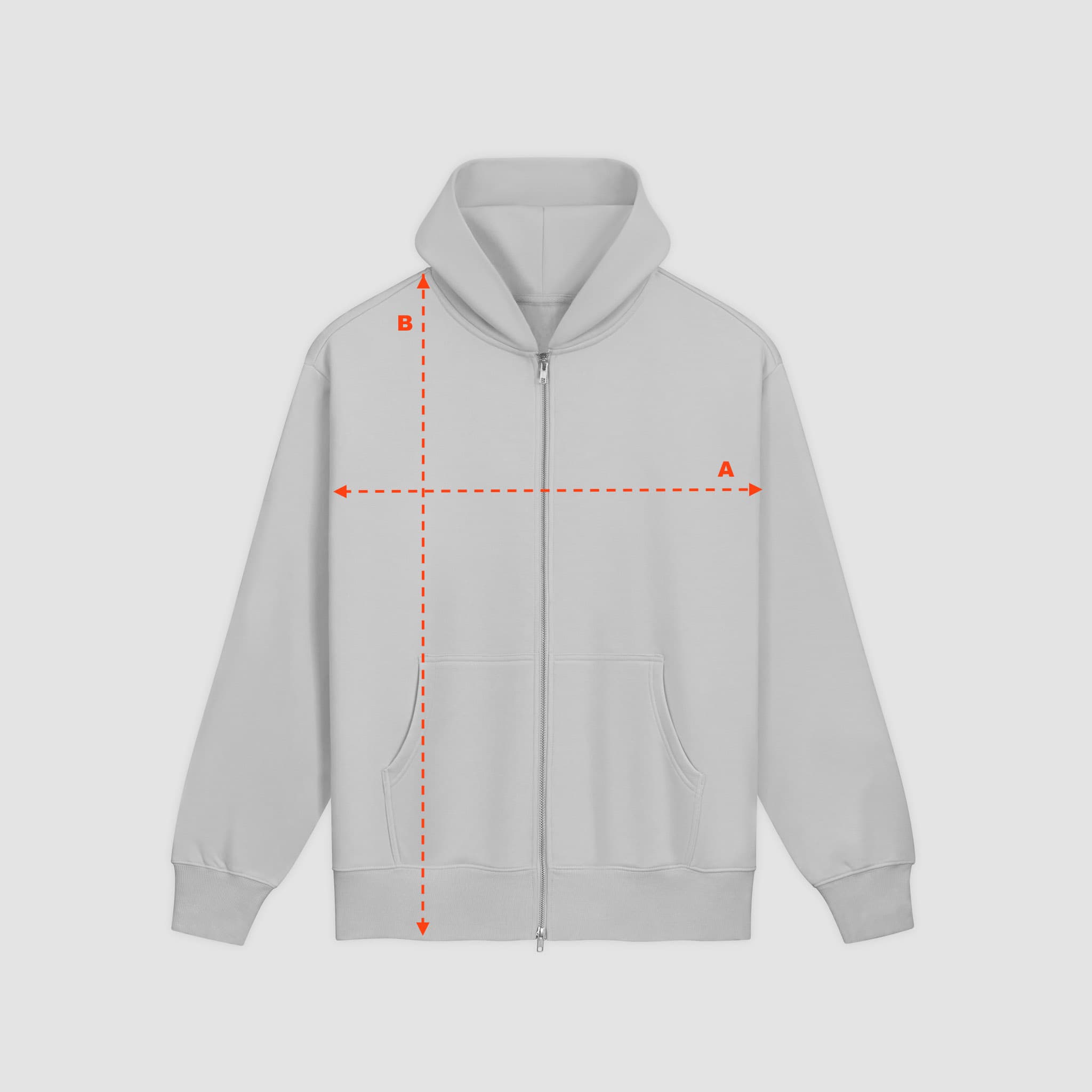 Measuring diagram for the Dark Logo Zip Hoodie, marking where to measure length, width and sleeve